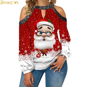 SNAKE YX Koszulka damsko-sweterkowa Oversized z nadrukiem świątecznym i odkrytymi ramionami - Halterneck, długie rękawy, luźny krój