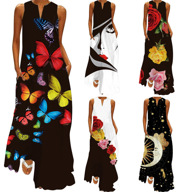 Modna damska letnia sukienka bez rękawów 2021 z dekoltem w serek i 3D nadrukiem - retro kwiatowy Vestido - tanie ubrania i akcesoria