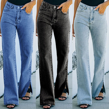 Czarne jeansy rozkloszowane z wysoką talią - split bell bottom, odzież vintage, kobiety, wiosna/jesień, moda damskie spodnie