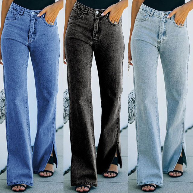 Czarne jeansy rozkloszowane z wysoką talią - split bell bottom, odzież vintage, kobiety, wiosna/jesień, moda damskie spodnie - tanie ubrania i akcesoria