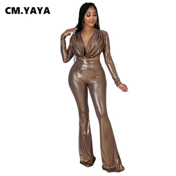 CM.YAYA kobiety zestaw spodni i bluzki - złocenie, krótkie rękawy, flare, moda Streetwear, jesień 2021
