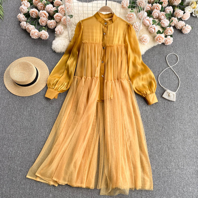 Sukienka damska z długim rękawem w stylu patchwork, jednokolorowa, luźna, z siatkowym dodatkiem - moda Vestidos 2021 - tanie ubrania i akcesoria
