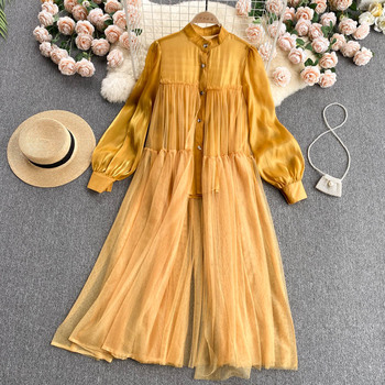 Sukienka damska z długim rękawem w stylu patchwork, jednokolorowa, luźna, z siatkowym dodatkiem - moda Vestidos 2021