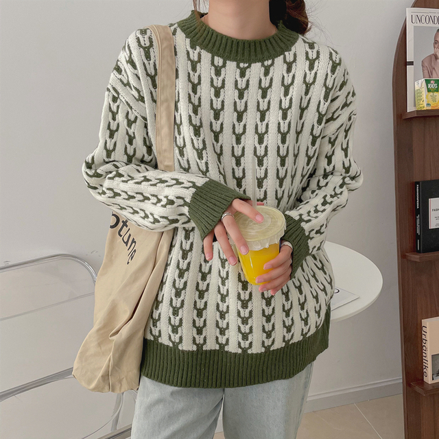Sweter dzianinowy w kratę - moda Retro - tanie ubrania i akcesoria