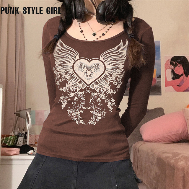 Kobiety Gothic T-shirt z długim rękawem, stylizowany na Grunge Y2k, z grafiką skrzydeł anioła i sercem, w stylu Vintage O Neck Tshirt Streetwear - tanie ubrania i akcesoria