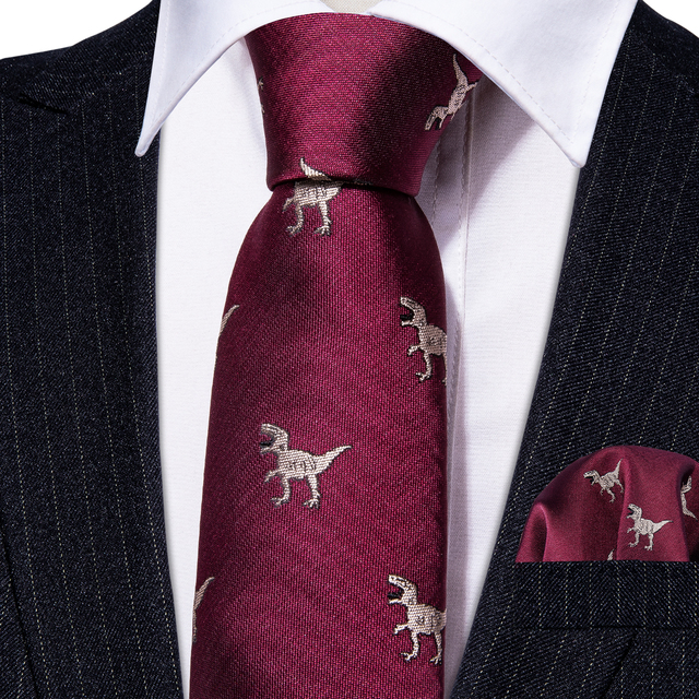 Nowy krawat dla chłopca - czerwony jedwabny krawat z motywem dinozaura - zestaw 120cm - D-5060C - tanie ubrania i akcesoria