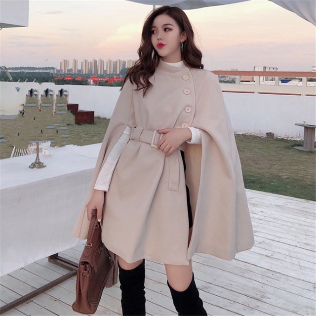 Koreańska peleryna Poncho płaszcz kobiety 2020, jednolity kolor, elegancki styl, talia wełniana, średniej długości, wysokiej jakości Z552 - tanie ubrania i akcesoria