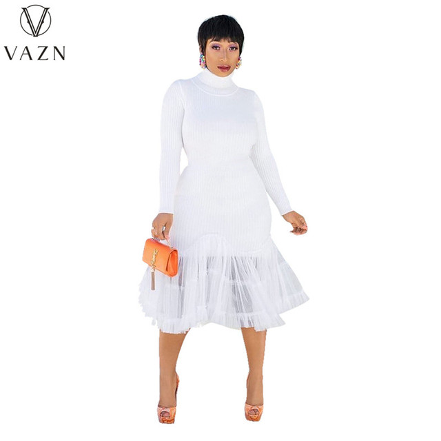 Sukienka jesień 2021 VAZN Plus rozmiar biały, wysokiej jakości, pełne rękawy, bezpłatna Midi sukienka dla kobiet, dopasowana i błyszcząca sukienka - tanie ubrania i akcesoria