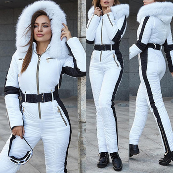 Kombinezon narciarski damska biały z czarną wkładką, wygodna kurtka z kapturem i sztucznym futrem, plus rozmiar ciepłe spodnie komplety garniturów