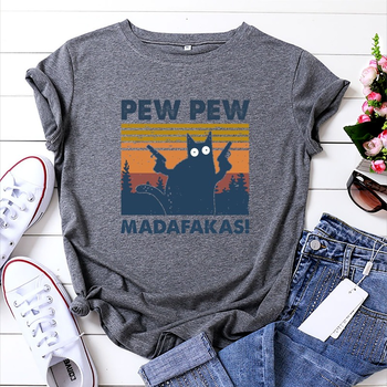 T koszula bawełniana dla kobiet o rozmiarze 5XL z zabawnym nadrukiem kota z pistoletem Pew Pew i krótkim rękawem