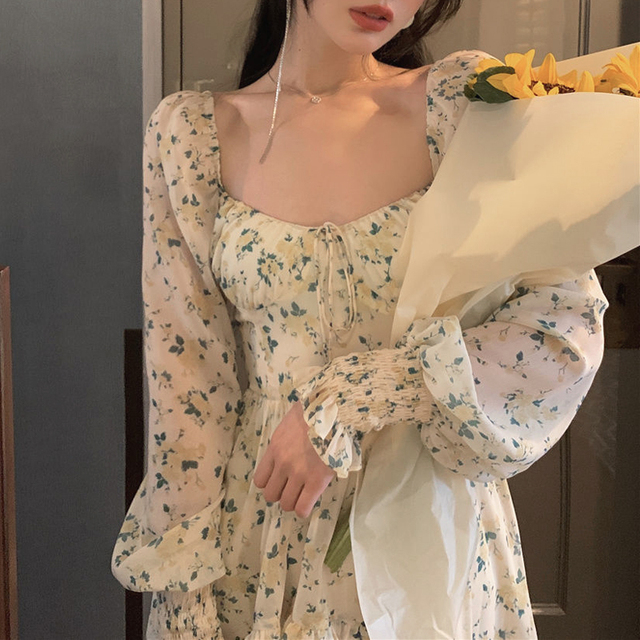 Sukienka kwiatowa na lato 2021 z długim rękawem - tanie ubrania i akcesoria