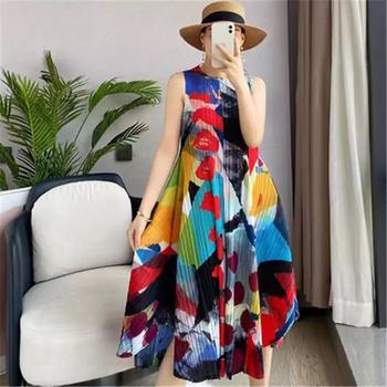 Sukienka damskie Elegant Miyake - plisowana, bez rękawów, długa, lato, duże wahadło, drukowanie, styl koreański, casual