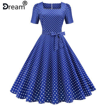 Sukienka Vintage kobiety z krótkim rękawem, w niebieskie kropki, z kwadratowym kołnierzykiem, w linii Midi, letnia imprezowa sukienka w stylu 50s 60s Retro Vestidos Plus rozmiar