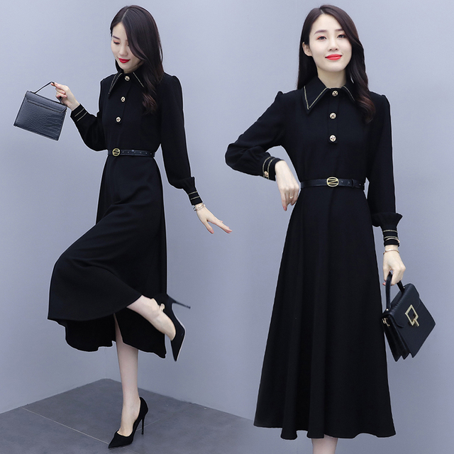 Retro francuska długa sukienka z czarną talią inspirowana stylem Hepburn - tanie ubrania i akcesoria