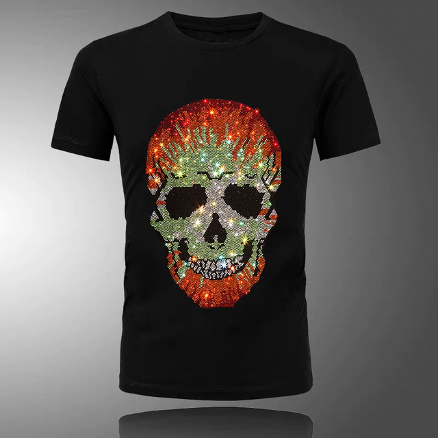 Męska letnia koszulka Shiny Gradient Skull Oversized z krótkim rękawem, wykonana z luksusowego modalowego bawełny o ozdobnych rhinestonach - 2021 Designer Tops - tanie ubrania i akcesoria