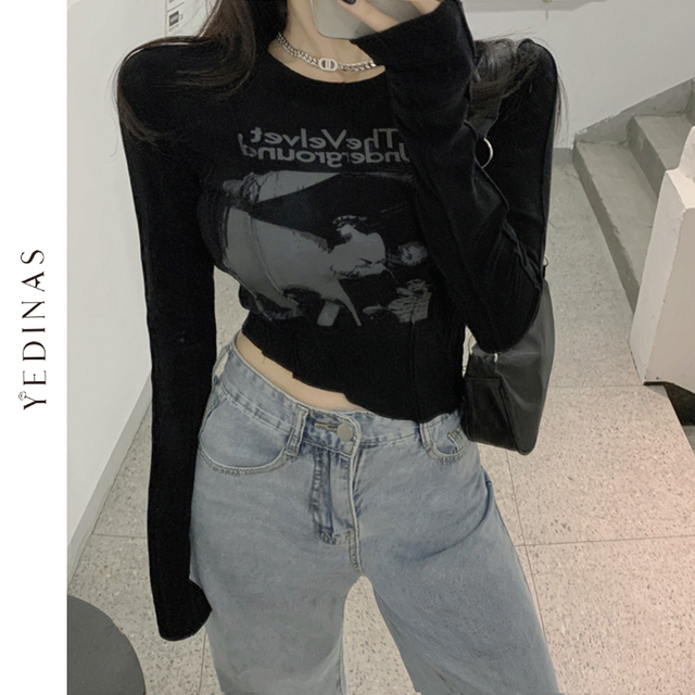 Yedinas Sexy Slim – długorękawowy, asymetryczny top damski z nadrukiem liter, w stylu grunge - tanie ubrania i akcesoria