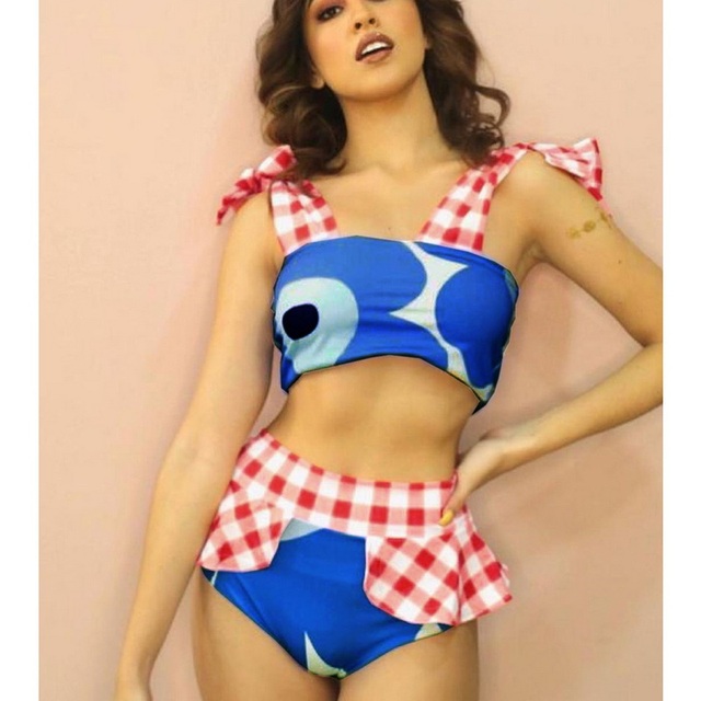 Seksowny strój kąpielowy Bandeau Plaid Bikini Set 2021 z podnoszącym biustem, wysokiej talii dla kobiet - tanie ubrania i akcesoria