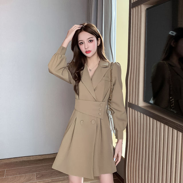 Sukienka kurtka z długimi rękawami w koreańskim stylu, jednolity kolor, elegancka - Jesień/Zima  Sukienka Garnitur Vogue dla Kobiet - tanie ubrania i akcesoria