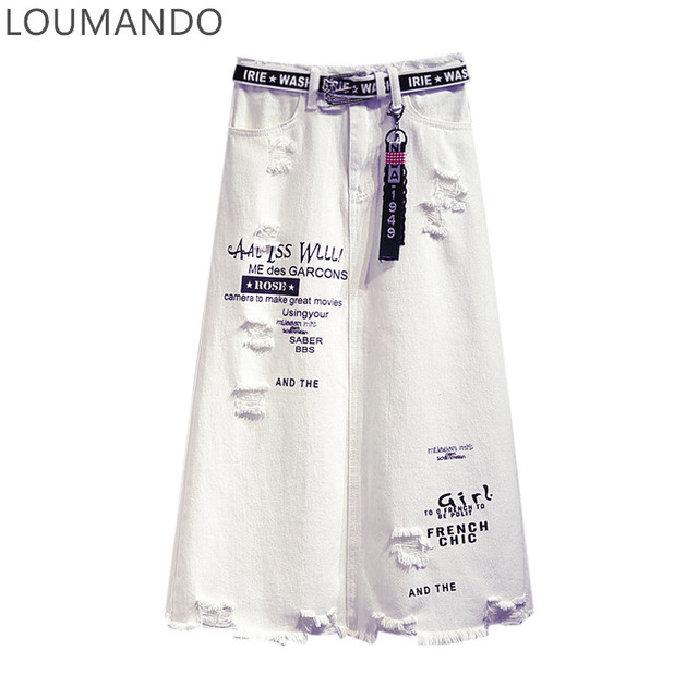 Biała jeansowa spódnica damska 2021 - wiosenna i letnia konstrukcja, dziura, wysoki stan, modna długość, pakietowy design  Hip - tanie ubrania i akcesoria