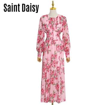 Maxi sukienka w stylu Vintage, różowa, długi rękaw, kwiatowy wzór, O-neck, połowa łydki, Plus rozmiar 332332