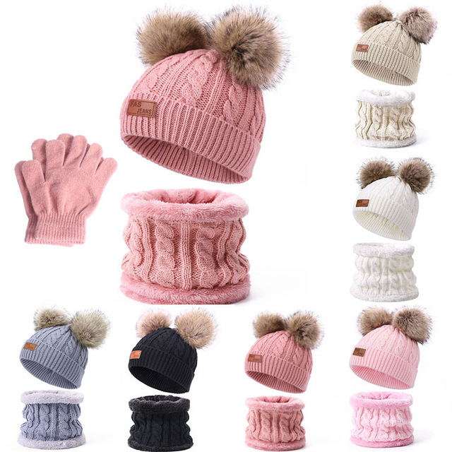 Dziecięcy ciepły zimowy garnitur odpinany: włochata piłka Plus polar dzianiny kapelusz rękawiczki 1-8 lat - tanie ubrania i akcesoria