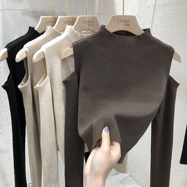 Pulower damski Sexy Fashion Off Shoulder - cienki, dziany sweter jesienno-zimowy 2021. Klasyczny krój, nowoczesny design - tanie ubrania i akcesoria