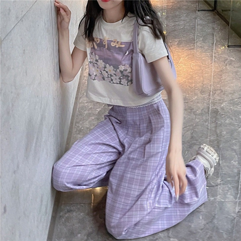 Zestaw piżam damskich QWEEK Pijama Salon - 2 sztuki, Kawaii - fioletowy print kwiatowy, spodnie kratę