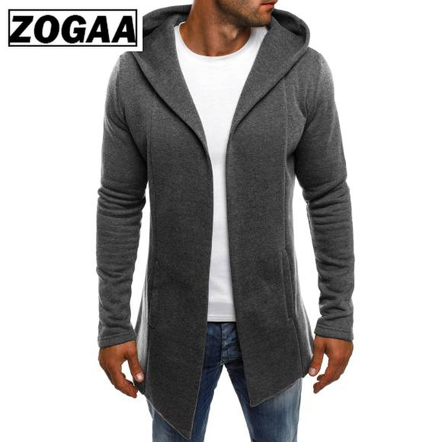 Męski długi płaszcz ZOGAA 2019 - wiosenny i jesienny, bluza z kapturem, w modnym stylu ulicznym, jednolity kolor, odzież wierzchnia - tanie ubrania i akcesoria