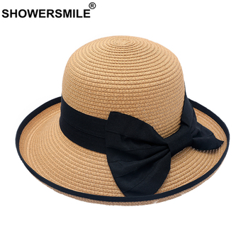 Damski kapelusz słomkowy SHOWERSMILE - biały, czarny, różowy, granatowy, beżowy - elegancki, przeciwsłoneczny z kokardką - lato!