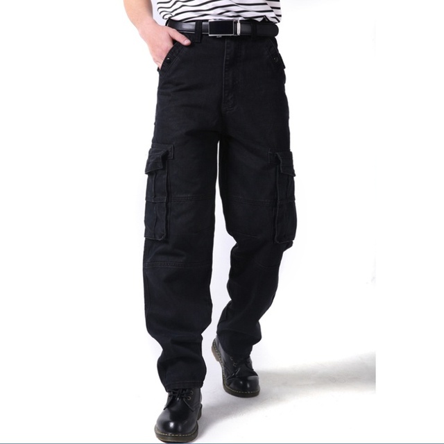 Męskie długie bojówki z denimu - jesienne, czarne, luźne, wysoka talia, hip-hop - tanie ubrania i akcesoria