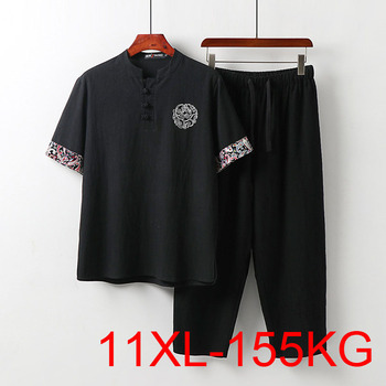 Rozmiar 7XL-11XL, letnia chińska haftowana koszulka męska plus size biust 158cm, luźne topy, przycięte spodnie