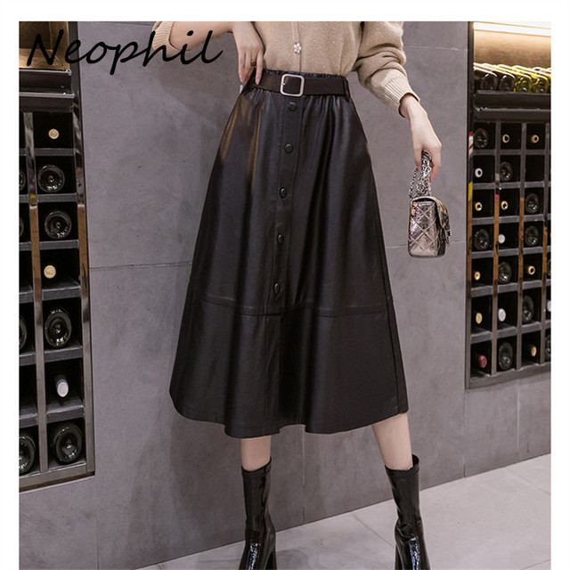 Spódnica damska Neophil Pu Faux Leather A-line w kolorze khaki - styl zimowy 2021 - tanie ubrania i akcesoria