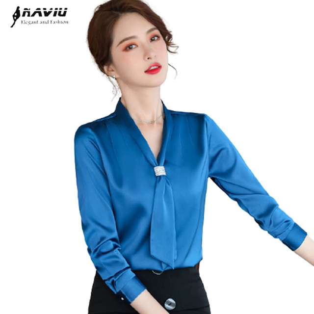 Koszula damska Niebieska Streamer Design V-neck wiosna 2021 satynowa szyfon biurowa formalna luźna bluzka do pracy - tanie ubrania i akcesoria