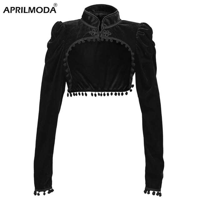 Krótka czarna wiktoriańska kurtka Gothic Velvet z długim rękawem i gorsetem Steampunk Vintage - tanie ubrania i akcesoria