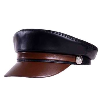 Koreański czapka wojskowa unisex wykonana z miękkiej prawdziwej skóry: czarny i brązowy patchwork