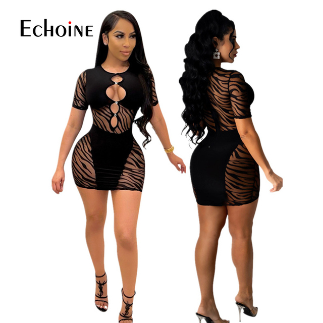Sukienka plażowa Echoine dla kobiet - czarny Sexy Zebra Mesh, Mini, nocny klub, impreza, bal, Bodycon, ołówek - tanie ubrania i akcesoria