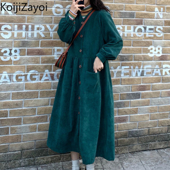Kobieca sukienka sztruksowa oversize z długimi rękawami - Vintage Koijizayoi żółta sukienka maxi idealna na wiosnę i jesień