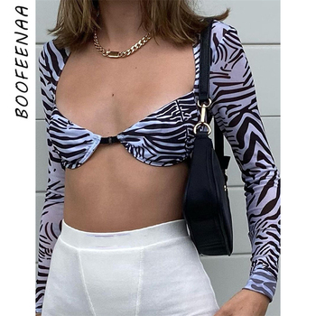 Koszulka z długim rękawem dla kobiet Clubwear jesień 2021 - BOOFEENAA - paski zebry - przezroczysta siateczka - krótki fason bralette - C85-BZ10
