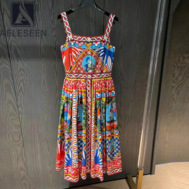 AELESEEN - Sukienka na ramiączkach z nadrukiem Retro z wysokiej jakości, sycylijskiej bawełny popeliny - 100% bawełna - Moda dla kobiet 2021 - tanie ubrania i akcesoria