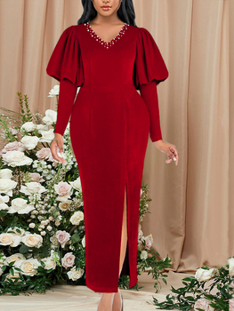 Bufiasta sukienka Vintage Burgundy z luksusowym frezowaniem, aksamitnymi rękawami i pełnym fasonem - duży rozmiar, krzywe kroje. Świąteczne i urodzinowe ubrania dla kobiet