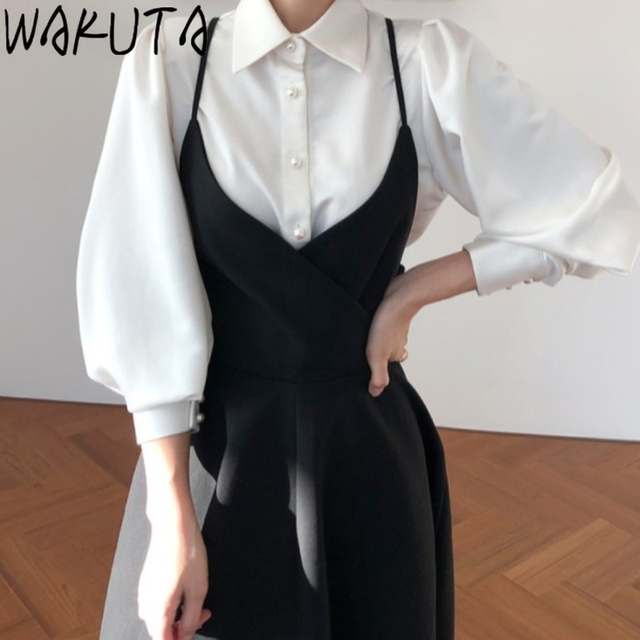 WAKUTA Sukienka Retro z kokardą z tyłu, biała koszulka i długa czarna garsonka - eleganckie stroje francuskiej kolekcji 2021, idealne na wiosnę i jesień - tanie ubrania i akcesoria
