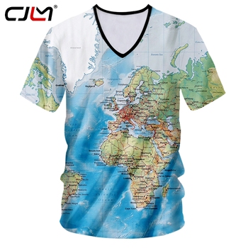 Męska koszulka CJLM Hombre slim fit z 3D nadrukiem mapy świata i głębokim dekoltem, rozmiar 5XL-6XL