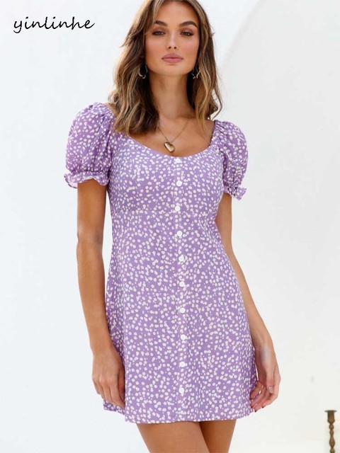 Fioletowa letnia sukienka z krótkim rękawem na guziki Yinlinhe w stylu francuskim - tanie ubrania i akcesoria