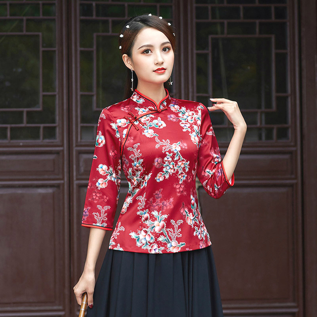 Koszulka Qipao Sheng Coco dla kobiet z długim rękawem - orientalny styl plus size, nowoczesne chińskie tradycyjne ubranie z jedwabiu - tanie ubrania i akcesoria