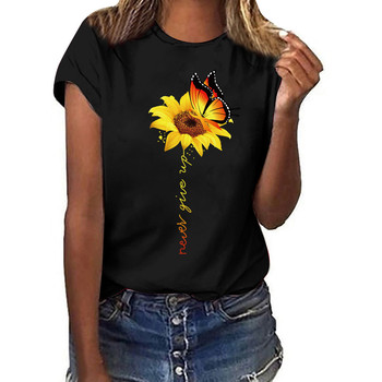 T-shirt Damski z nadrukiem słonecznika, z krótkim rękawem i dekoltem typu O-neck