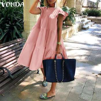 Luźna sukienka bawełniana VONDA 2021 z marszczeniami i wycięciem pod szyją - letnia sukienka Vestidos Femme plażowa S+