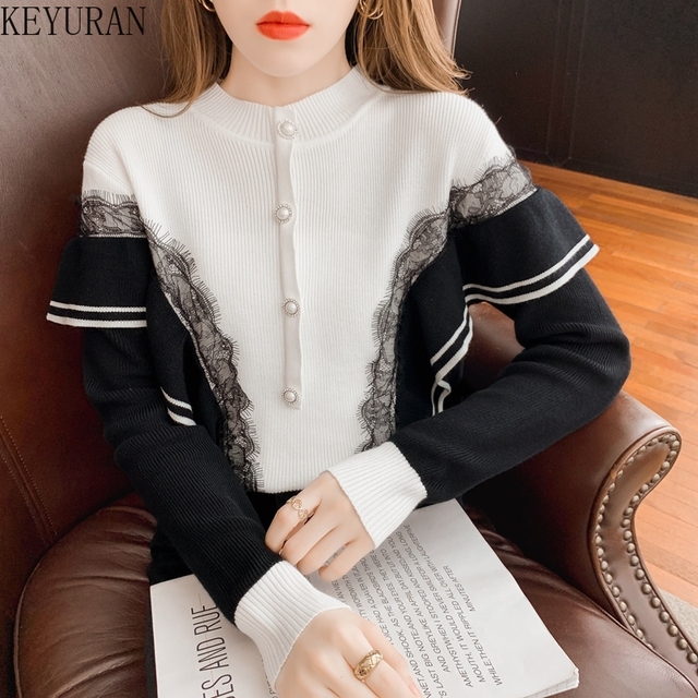Koreański sweter damski z koronkowymi ruffles, szyty na jesień 2021, kontrastujący kolor, dwuczęściowy dolny detajl i dzianinowa koszula top - tanie ubrania i akcesoria