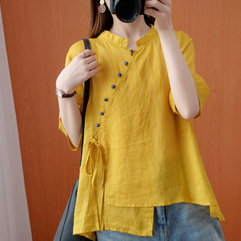 Koszula damska z krótkim rękawem w stylu chińskim, letnia, luźna, wykonana z materiału Nagodo Cotton Linen
