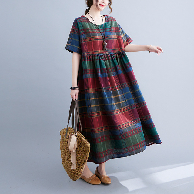 Nowa letnia sukienka Johnature Vintage Plaid z półrękawem i luźnym fasonem – Plus rozmiar, O-Neck, do kostek - tanie ubrania i akcesoria