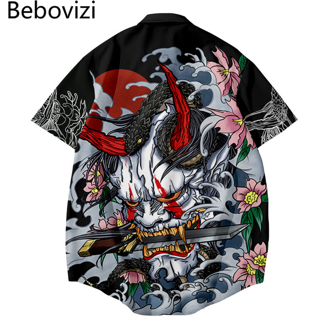 Męska koszula z krótkim rękawem z motywem Anime, styl japoński 2021, wzór Demon Print, szeroka odzież Harajuku - tanie ubrania i akcesoria